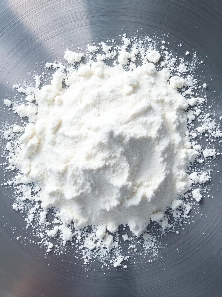 White pharmaceutical powder weighed on a clean lab surface