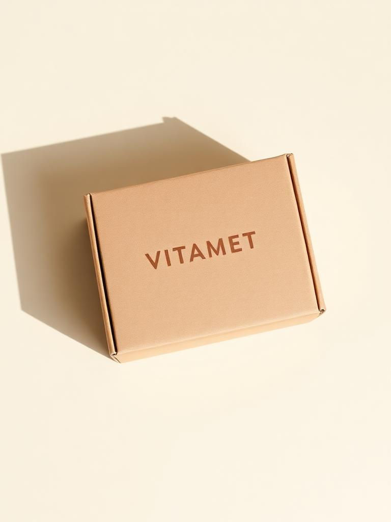 Minimalist Vitamet shipping box on cream paper